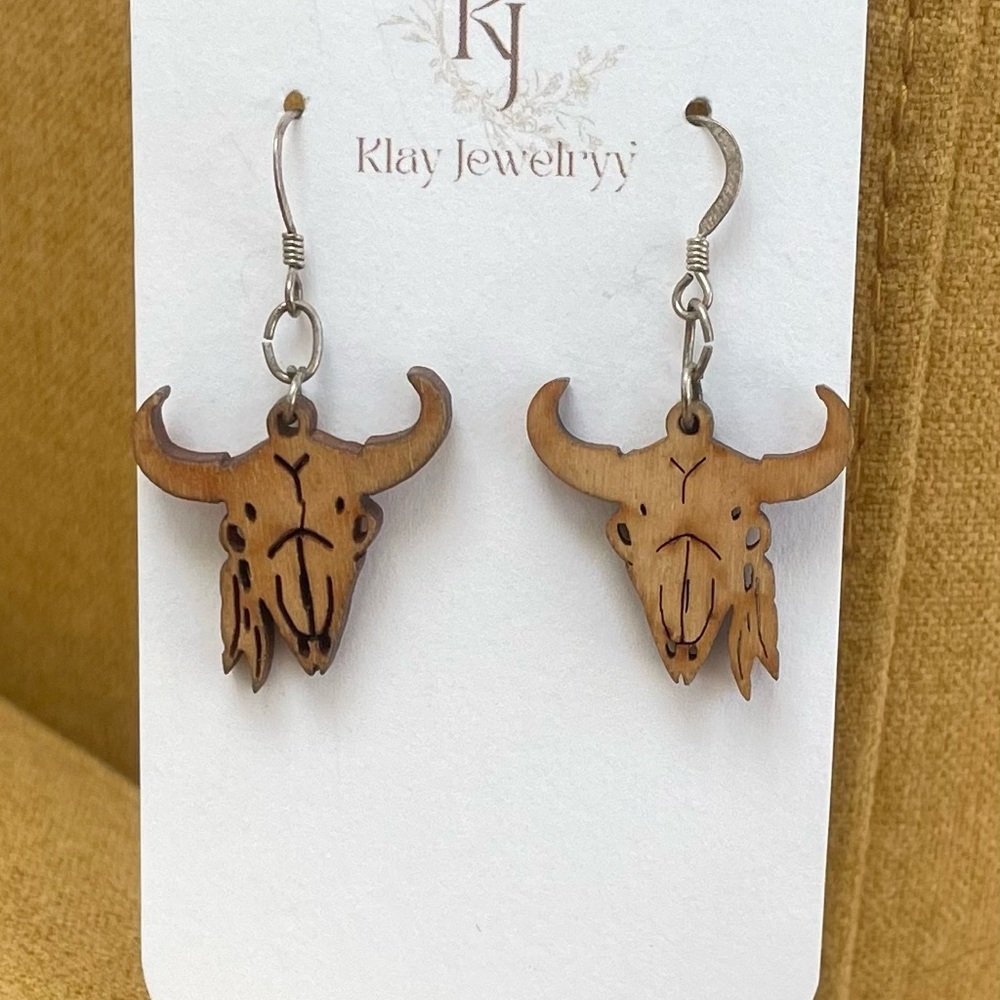 Wood Carved Bull Skull Earrings